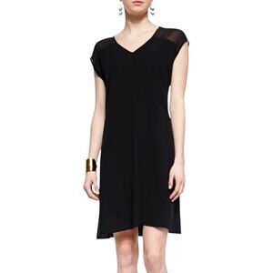 Eileen Fisher Silk Georgette Crepe V-Neck Shift Dress in Black Large